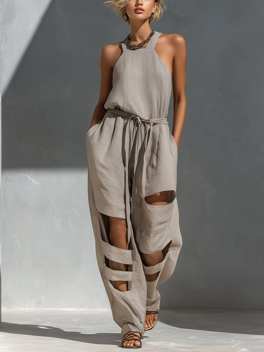Grey Linen Halter Neck Cut-Out Wide-Leg Jumpsuit
