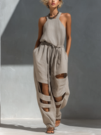 Grey Linen Halter Neck Cut-Out Wide-Leg Jumpsuit