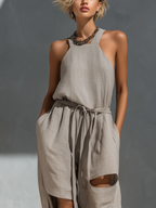 Grey Linen Halter Neck Cut-Out Wide-Leg Jumpsuit