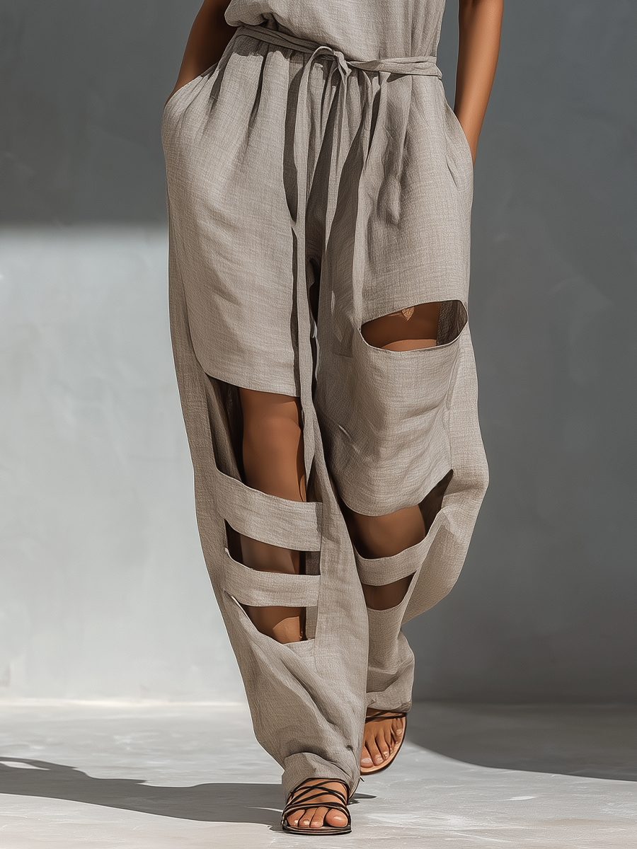 Grey Linen Halter Neck Cut-Out Wide-Leg Jumpsuit