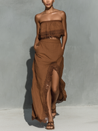 Women’s Chocolate Brown Linen-Blend Strapless Lace Trim Crop Top & High-Waisted Lace Trim Slit Maxi Skirt Two-Piece Set MDZ0951D9T