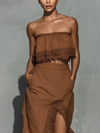 Women’s Chocolate Brown Linen-Blend Strapless Lace Trim Crop Top & High-Waisted Lace Trim Slit Maxi Skirt Two-Piece Set MDZ0951D9T