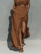 Women’s Chocolate Brown Linen-Blend Strapless Lace Trim Crop Top & High-Waisted Lace Trim Slit Maxi Skirt Two-Piece Set MDZ0951D9T