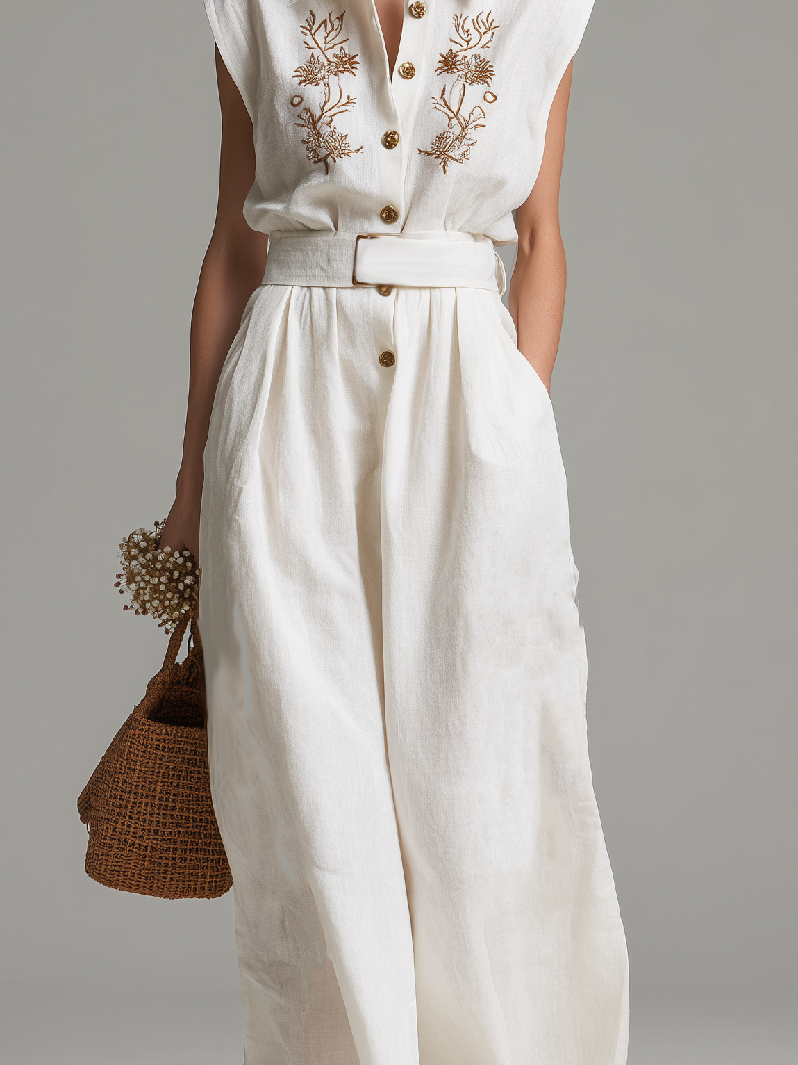 Women's Casual White Cotton-Linen Sleeveless Jumpsuit With Embroidered Shirt Collar MDZ0945D6LXY