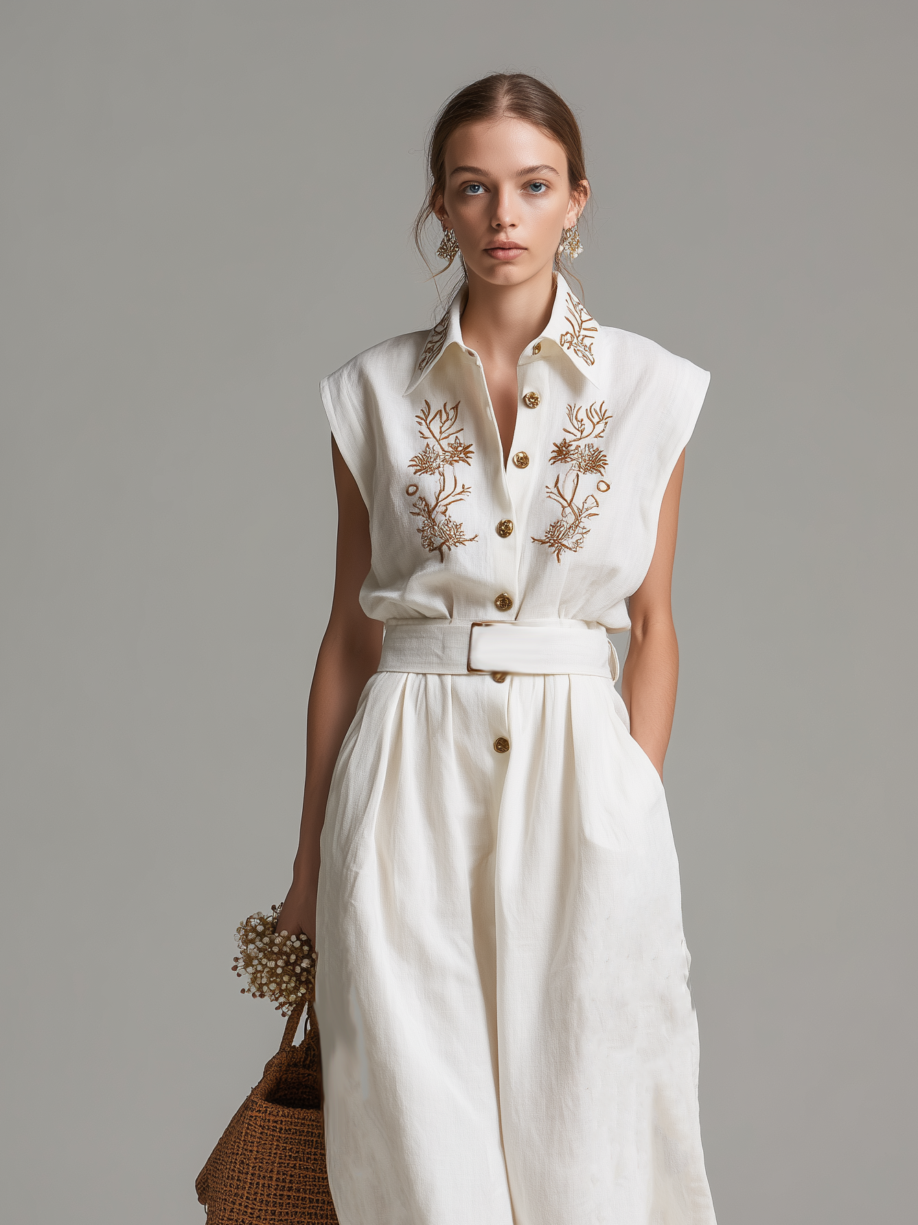 Women's Casual White Cotton-Linen Sleeveless Jumpsuit With Embroidered Shirt Collar MDZ0945D6LXY