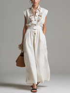Women's Casual White Cotton-Linen Sleeveless Jumpsuit With Embroidered Shirt Collar MDZ0945D6LXY
