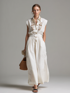 Women's Casual White Cotton-Linen Sleeveless Jumpsuit With Embroidered Shirt Collar MDZ0945D6LXY