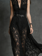 Women's Elegant Black Stretch Lace Sleeveless Maxi Dress With Shirt Collar (Belt Not Included) MDZ0900D4LXY