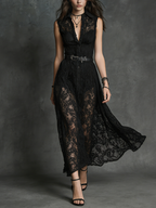 Women's Elegant Black Stretch Lace Sleeveless Maxi Dress With Shirt Collar (Belt Not Included) MDZ0900D4LXY