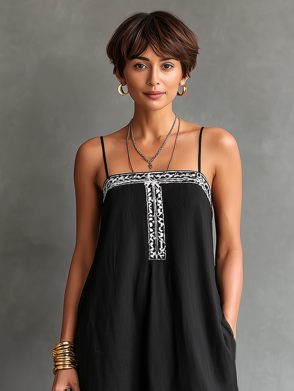 Women's Minimalist Spaghetti-Strap, Square-Neck, Embroidered, Loose-Fit Maxi Dress MDZ1081D5Y