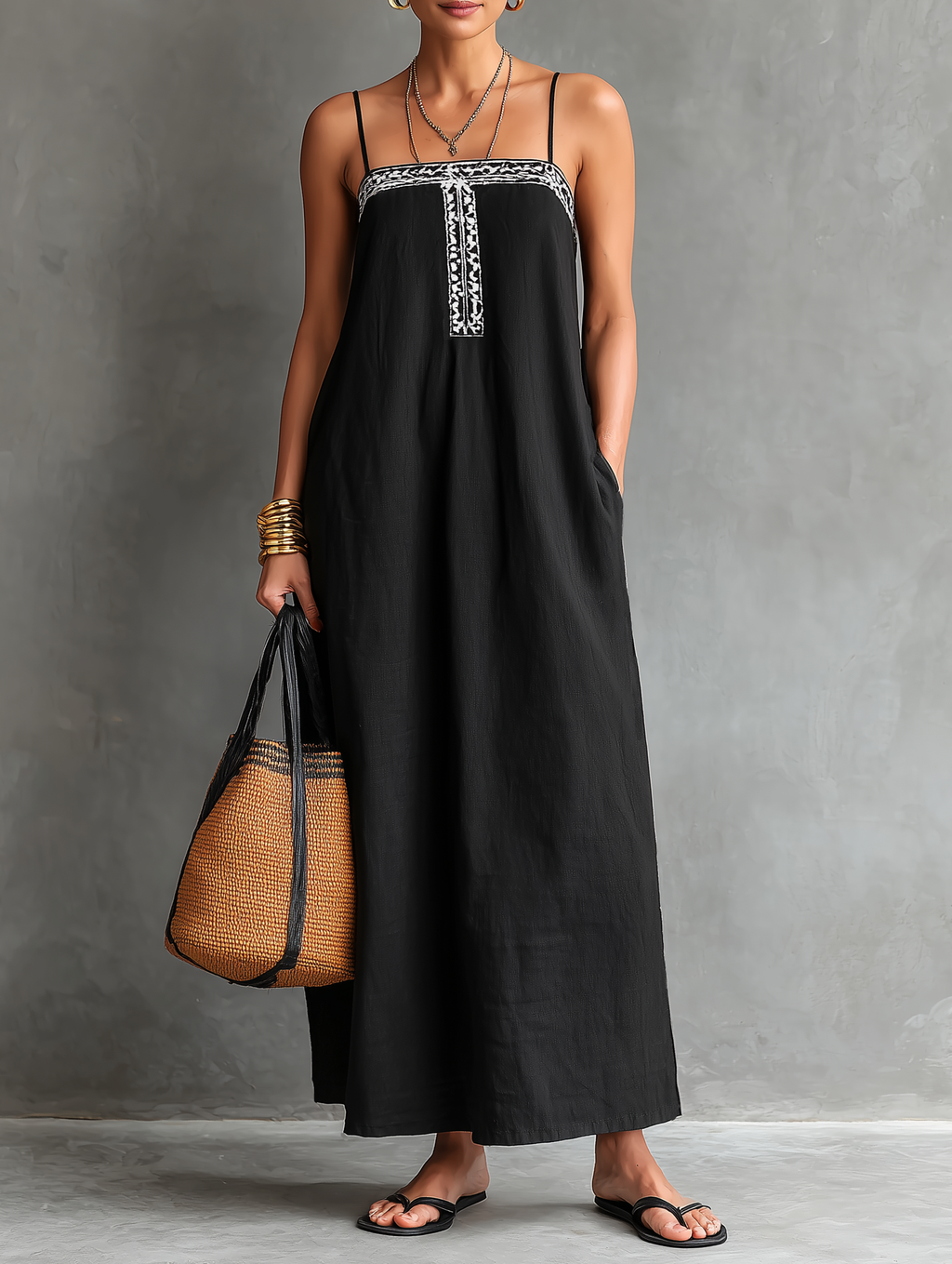 Women's Minimalist Spaghetti-Strap, Square-Neck, Embroidered, Loose-Fit Maxi Dress MDZ1081D5Y