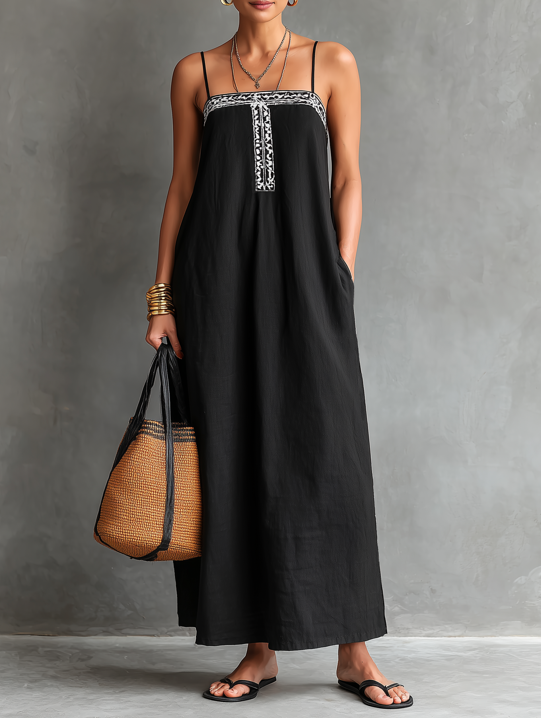 Women's Minimalist Spaghetti-Strap, Square-Neck, Embroidered, Loose-Fit Maxi Dress MDZ1081D5Y