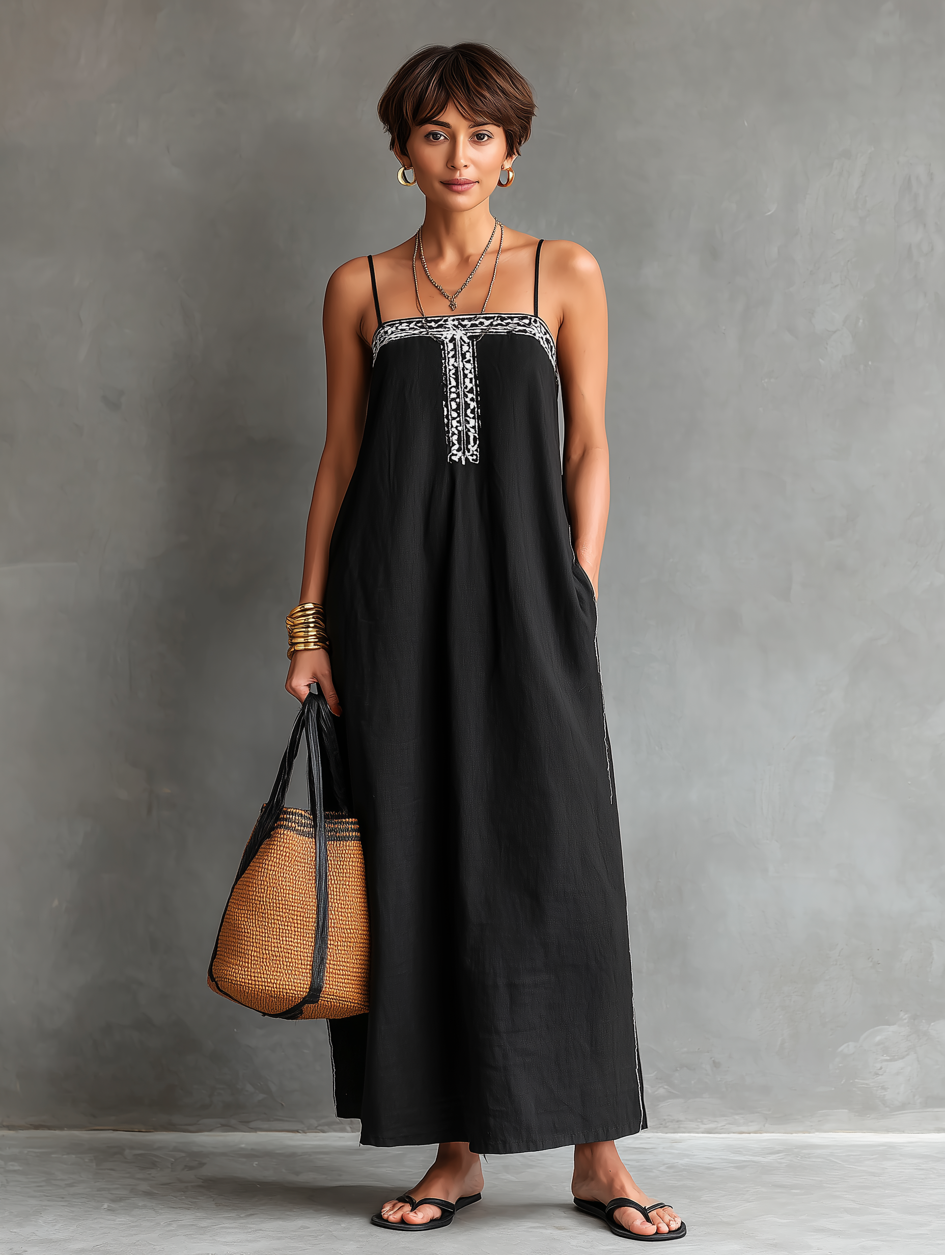 Women's Minimalist Spaghetti-Strap, Square-Neck, Embroidered, Loose-Fit Maxi Dress MDZ1081D5Y