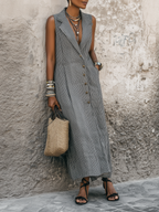 Women's Minimalist Striped Lapel Single-Breasted Sleeveless Maxi Dress MDZ1046D7Y