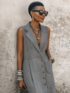 Women's Minimalist Striped Lapel Single-Breasted Sleeveless Maxi Dress MDZ1046D7Y