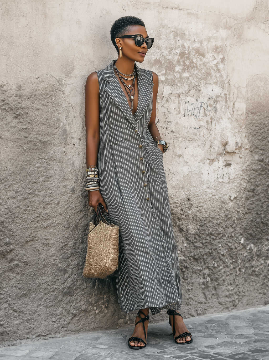Women's Minimalist Striped Lapel Single-Breasted Sleeveless Maxi Dress MDZ1046D7Y