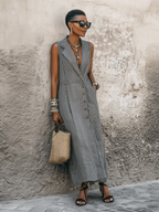Women's Minimalist Striped Lapel Single-Breasted Sleeveless Maxi Dress MDZ1046D7Y