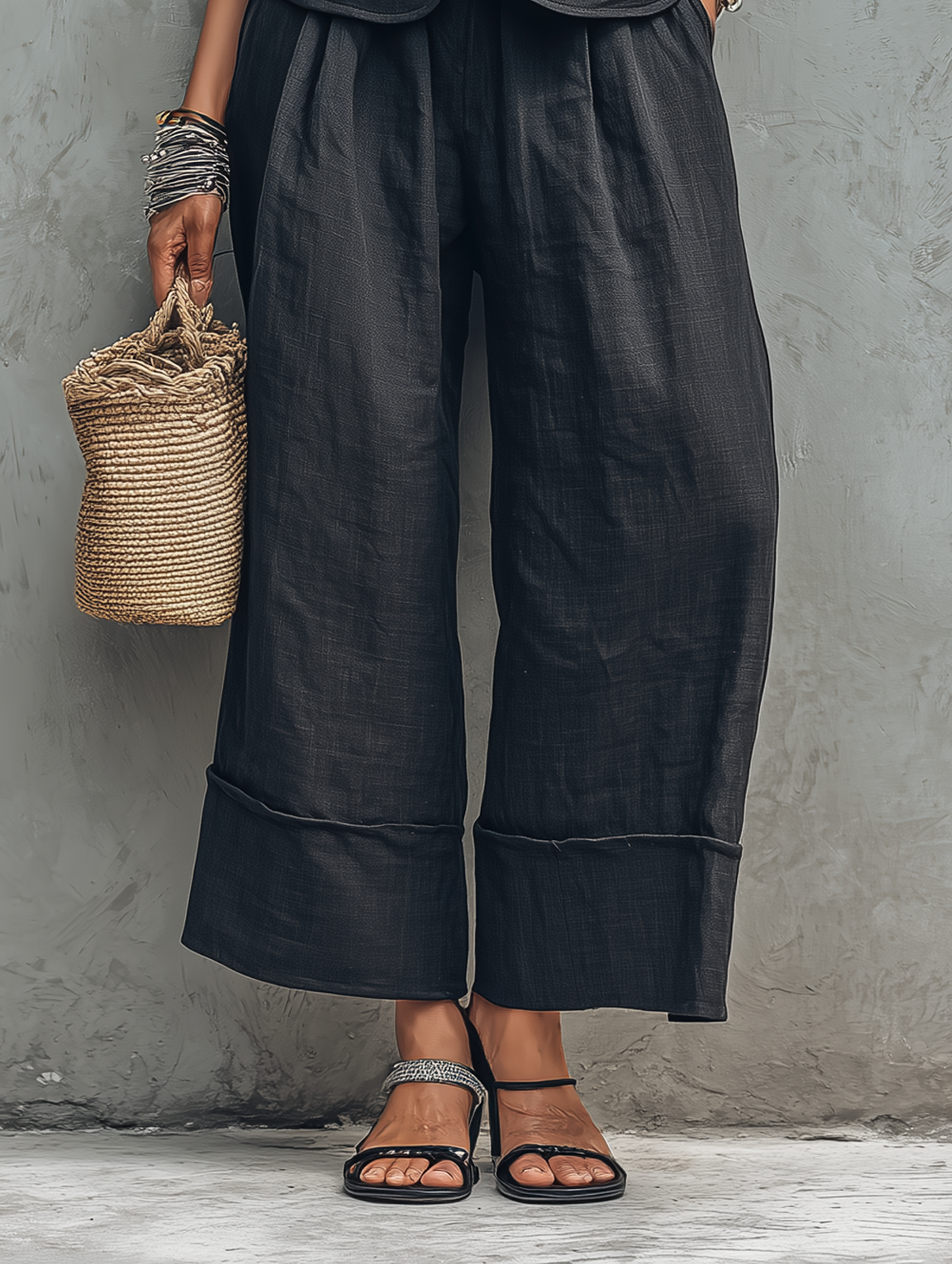 Linen Embroidered Lapel Vest & Wide-Leg Set