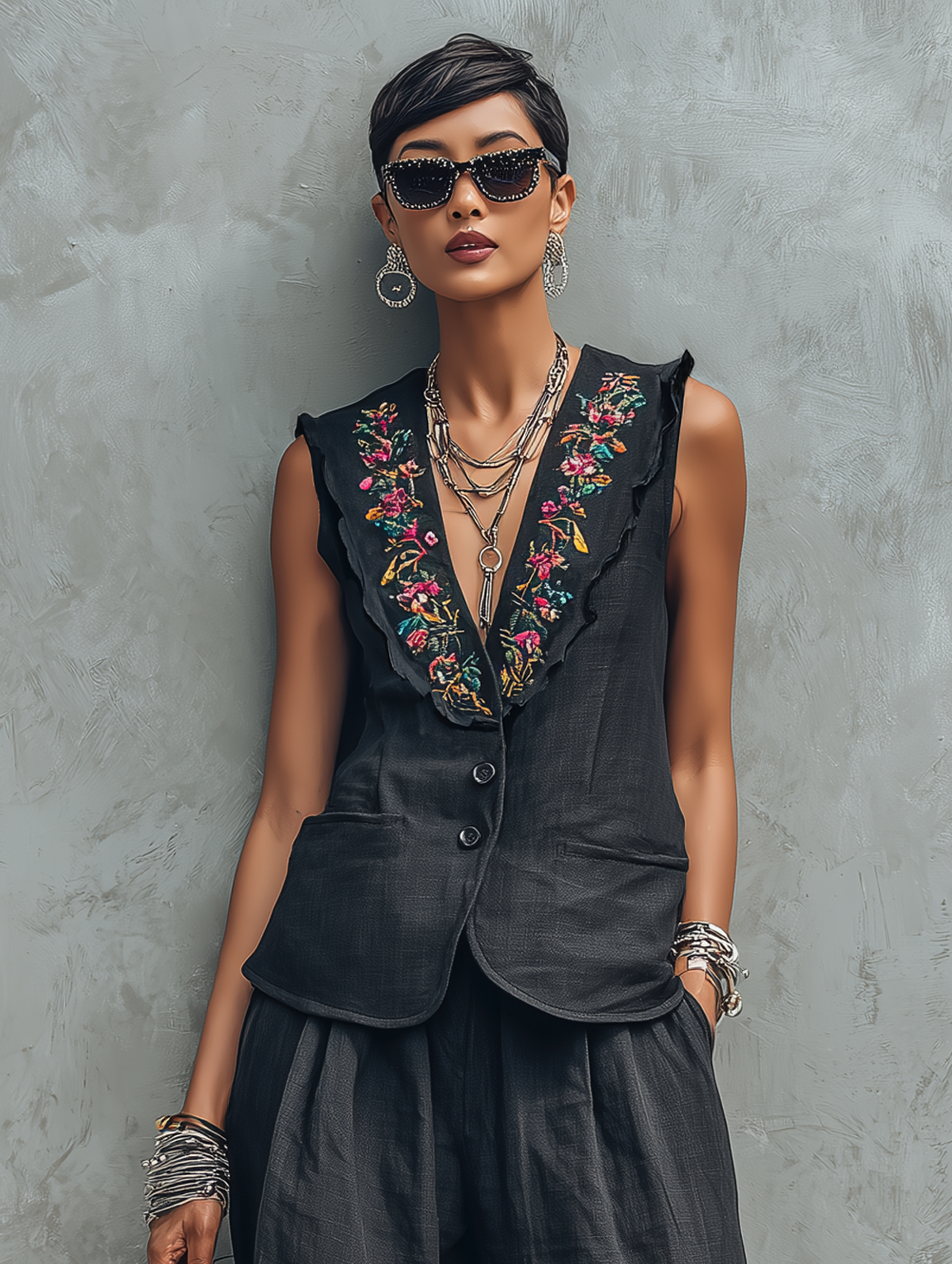 Linen Embroidered Lapel Vest & Wide-Leg Set