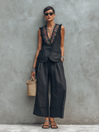 Linen Embroidered Lapel Vest & Wide-Leg Set
