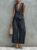 Linen Embroidered Lapel Vest & Wide-Leg Set