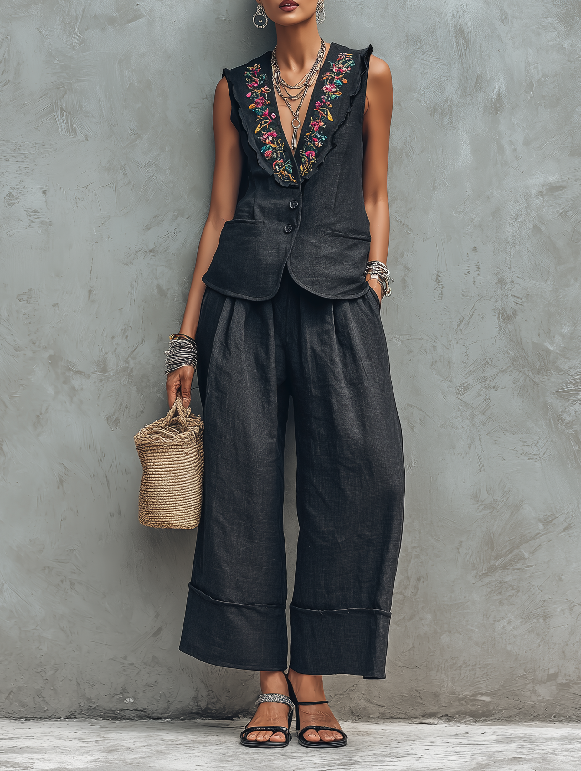 Linen Embroidered Lapel Vest & Wide-Leg Set