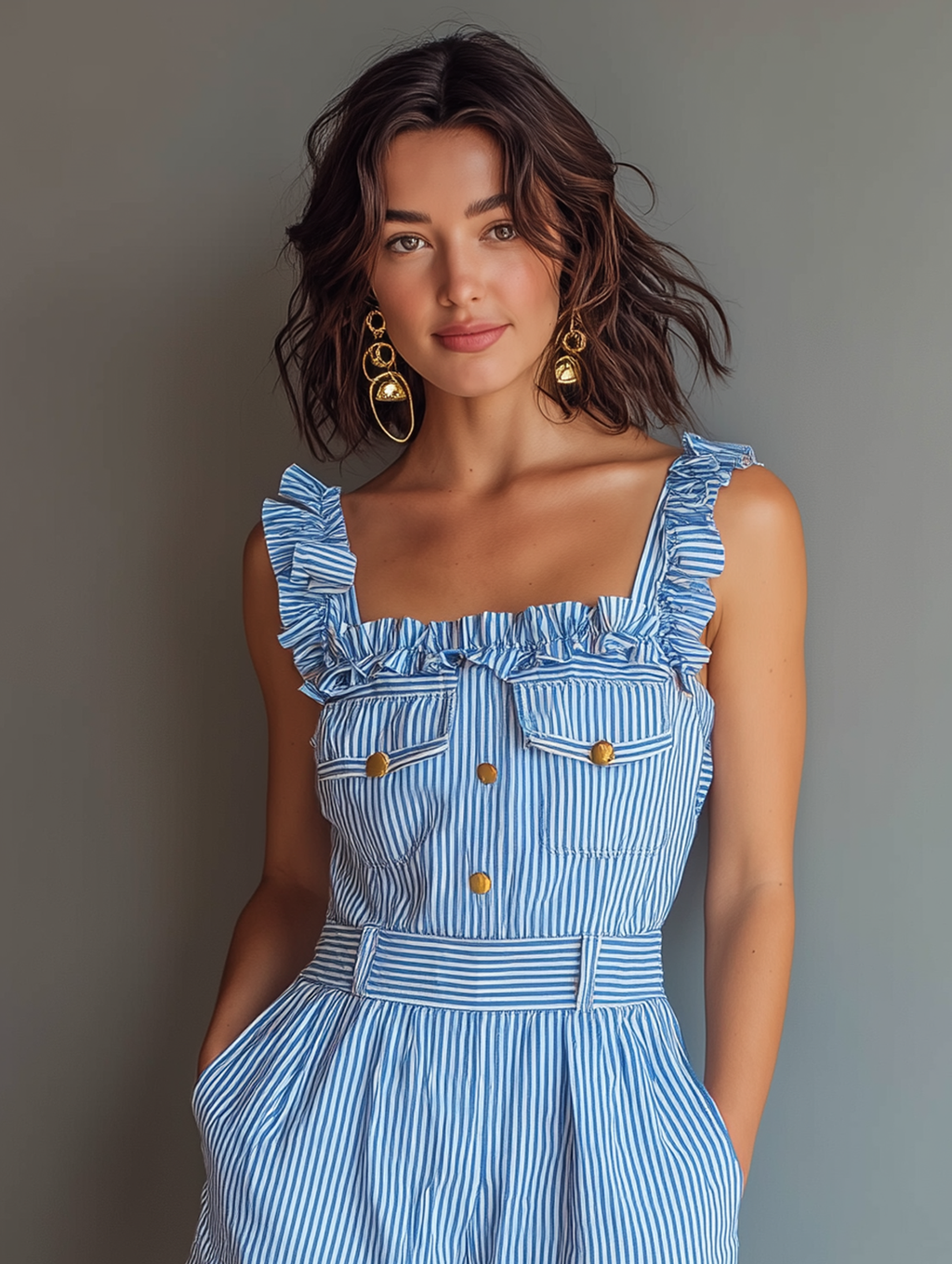 Striped Ruffle Square-Neck Romper