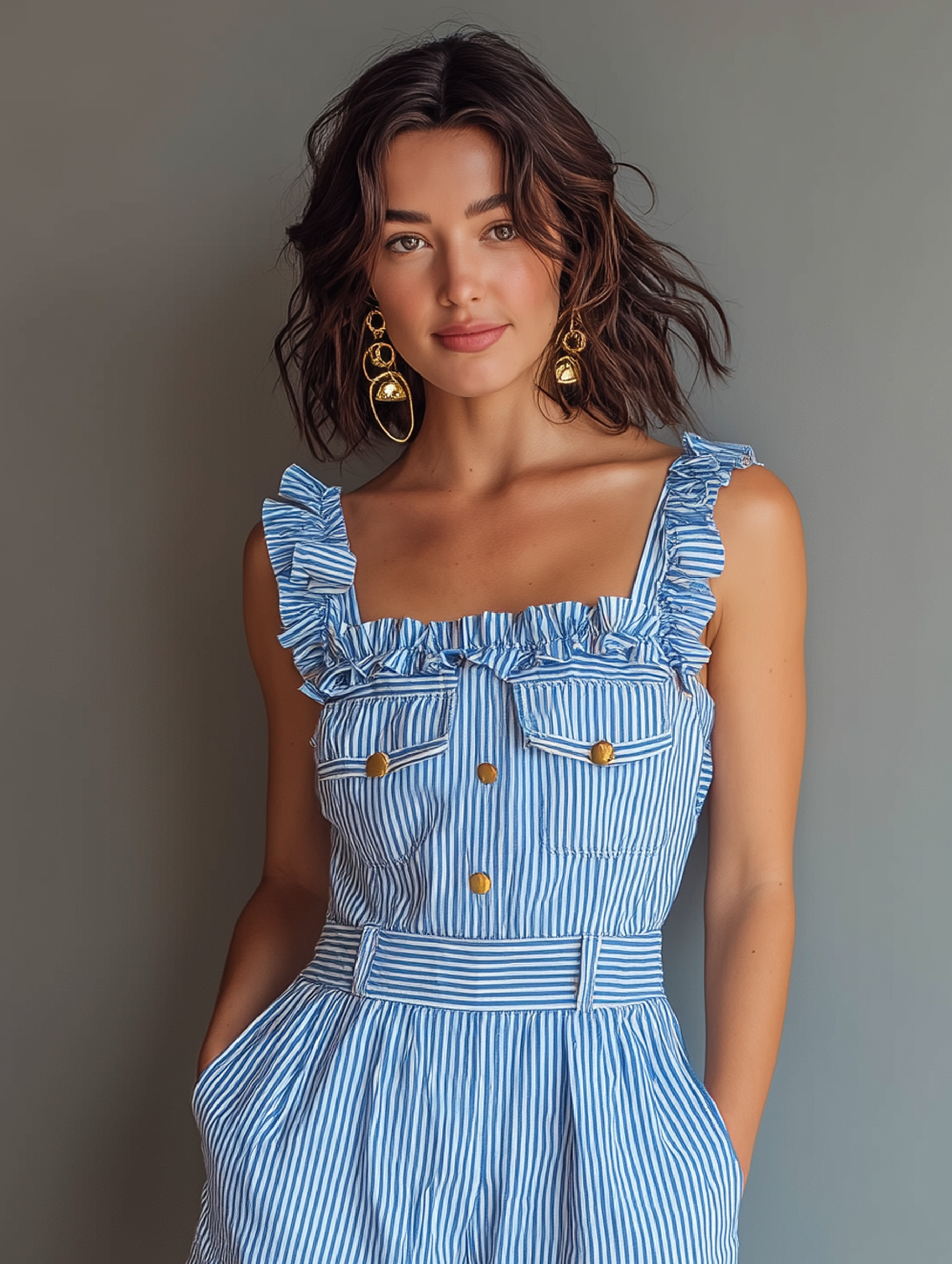 Striped Ruffle Square-Neck Romper