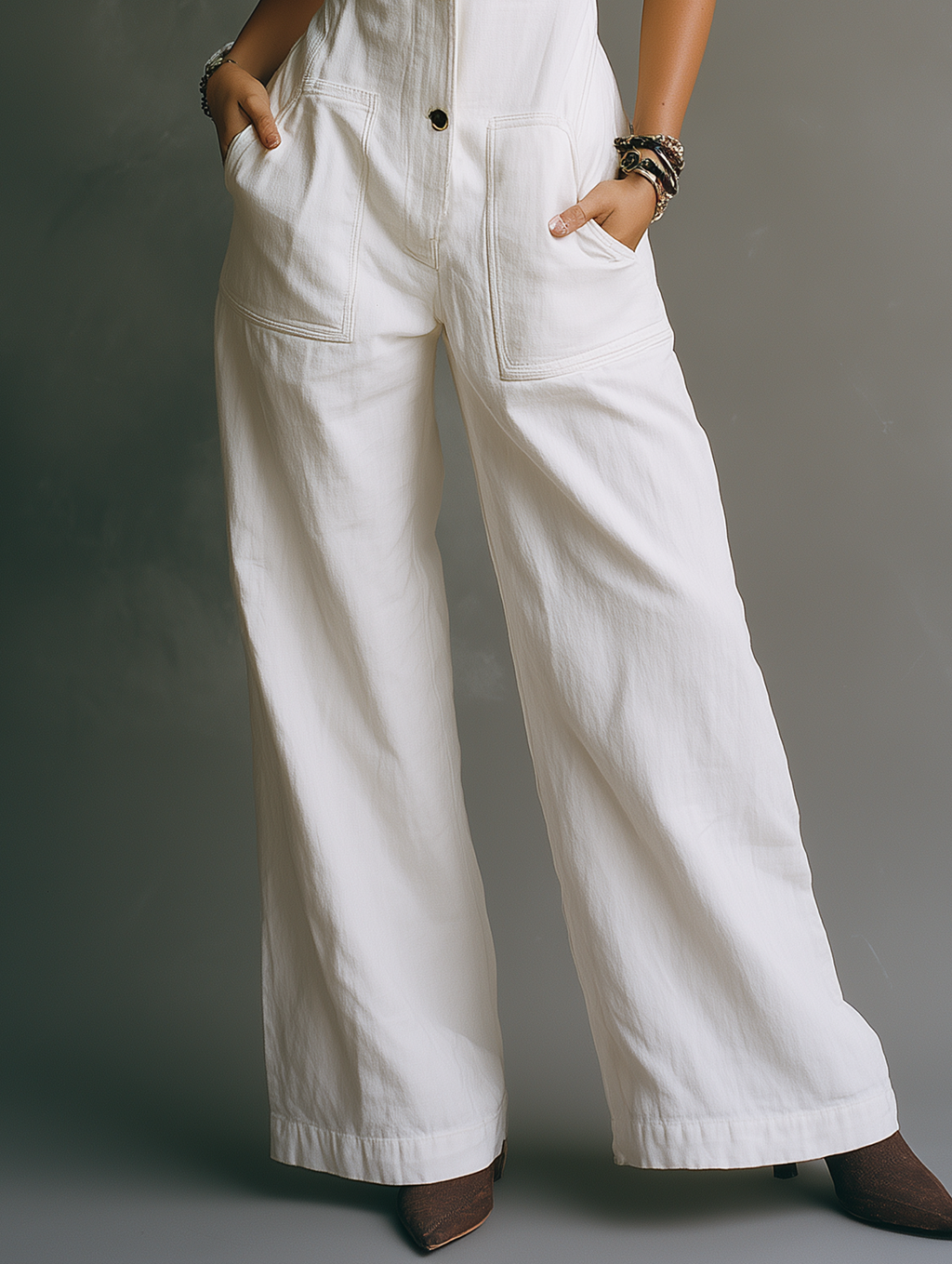 Cotton Single-Breasted Pocketed Wide-Leg Jumpsuit