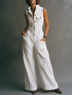 Cotton Single-Breasted Pocketed Wide-Leg Jumpsuit
