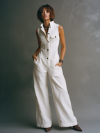 Cotton Single-Breasted Pocketed Wide-Leg Jumpsuit
