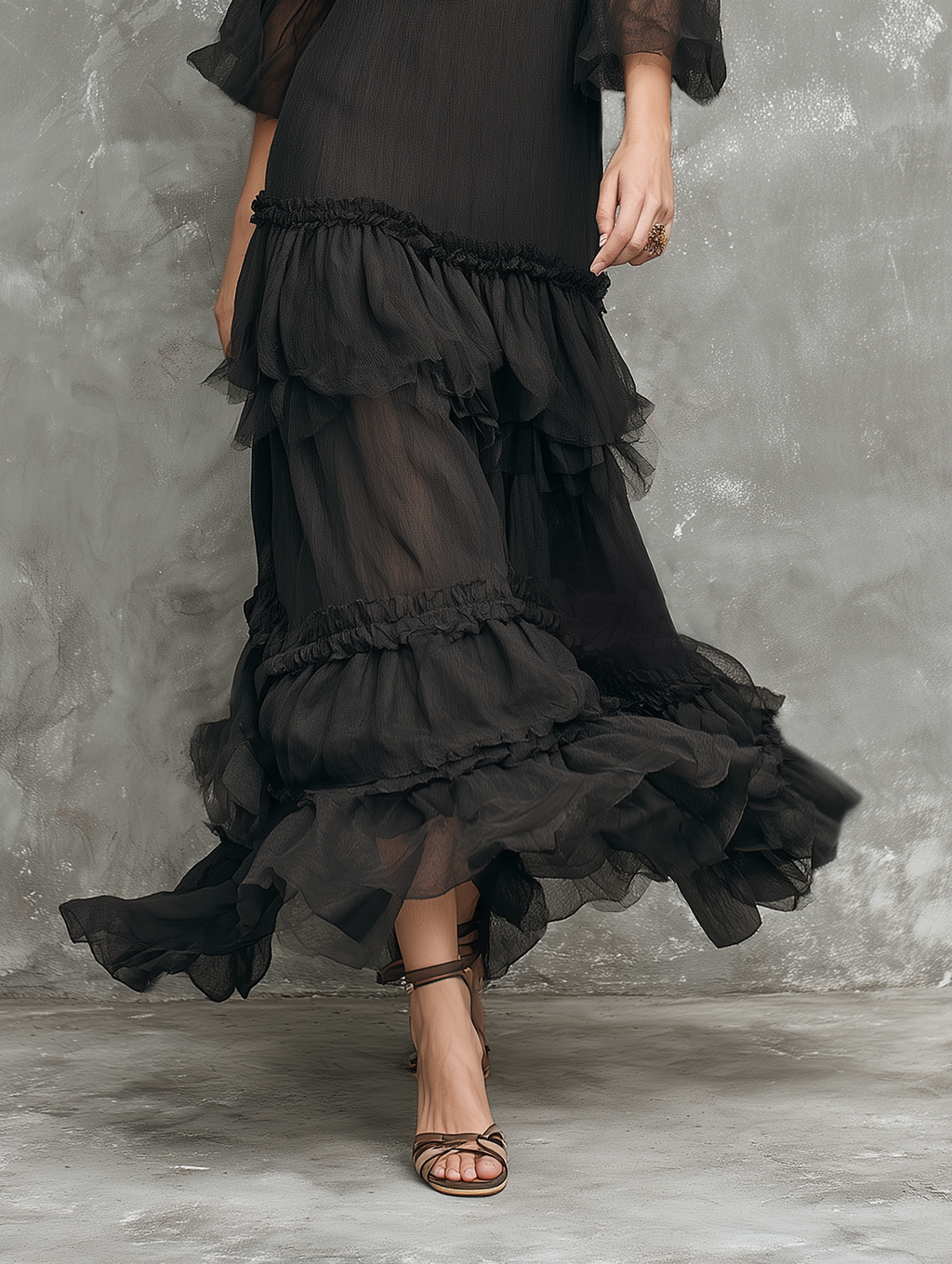 Women's Chiffon-Paneled V-Neck Half-Sleeve Multi-Layer Ruffles Maxi Dress MDZ1007D5Y