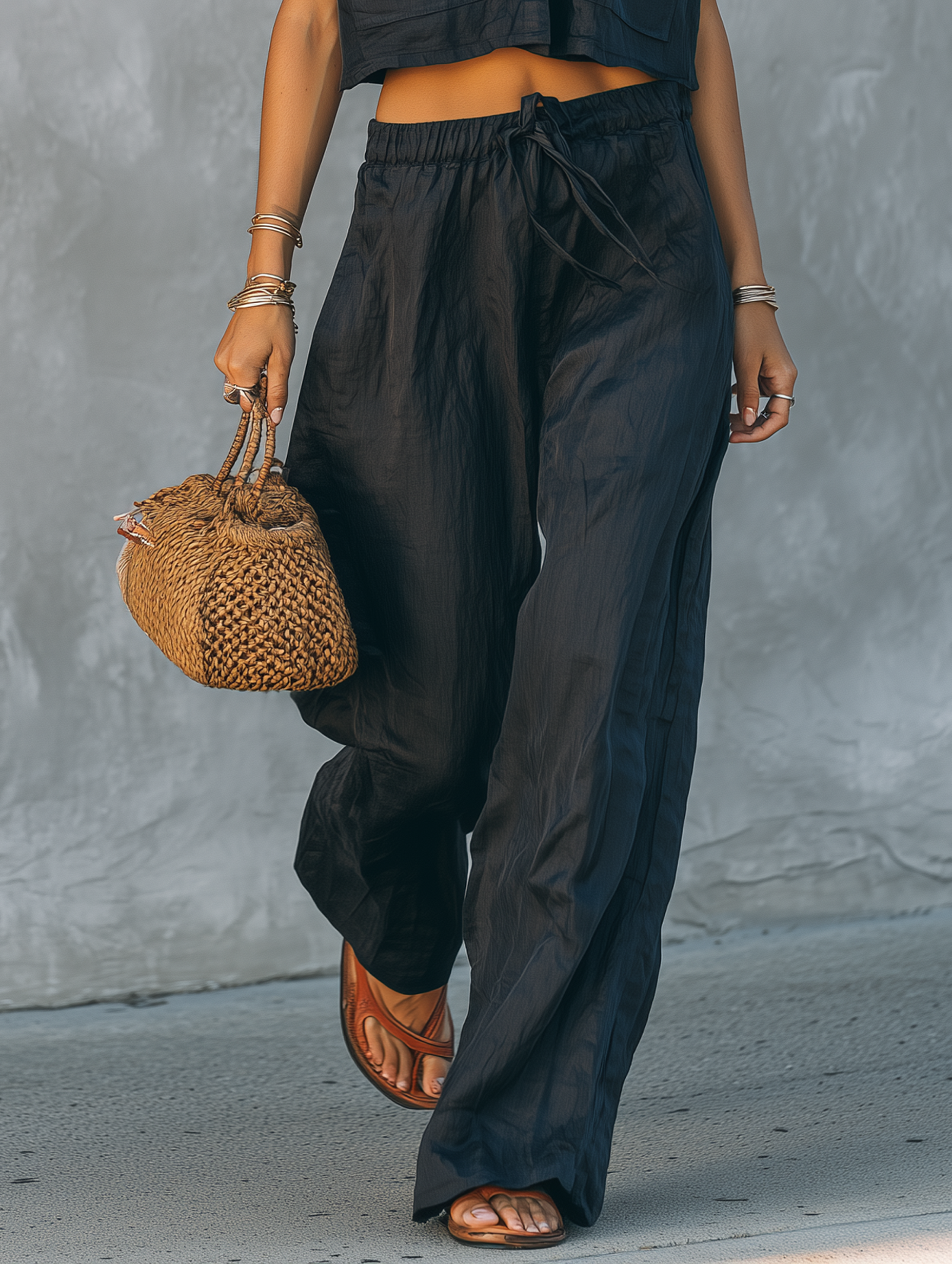 Linen Sleeveless Shirt & Straight-Leg Pants Set