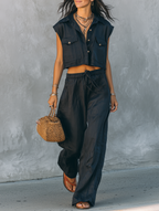 Linen Sleeveless Shirt & Straight-Leg Pants Set