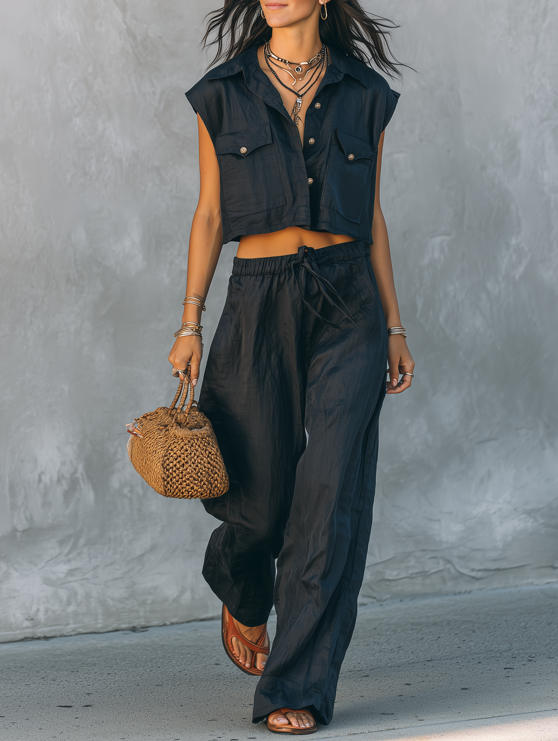 Linen Sleeveless Shirt & Straight-Leg Pants Set