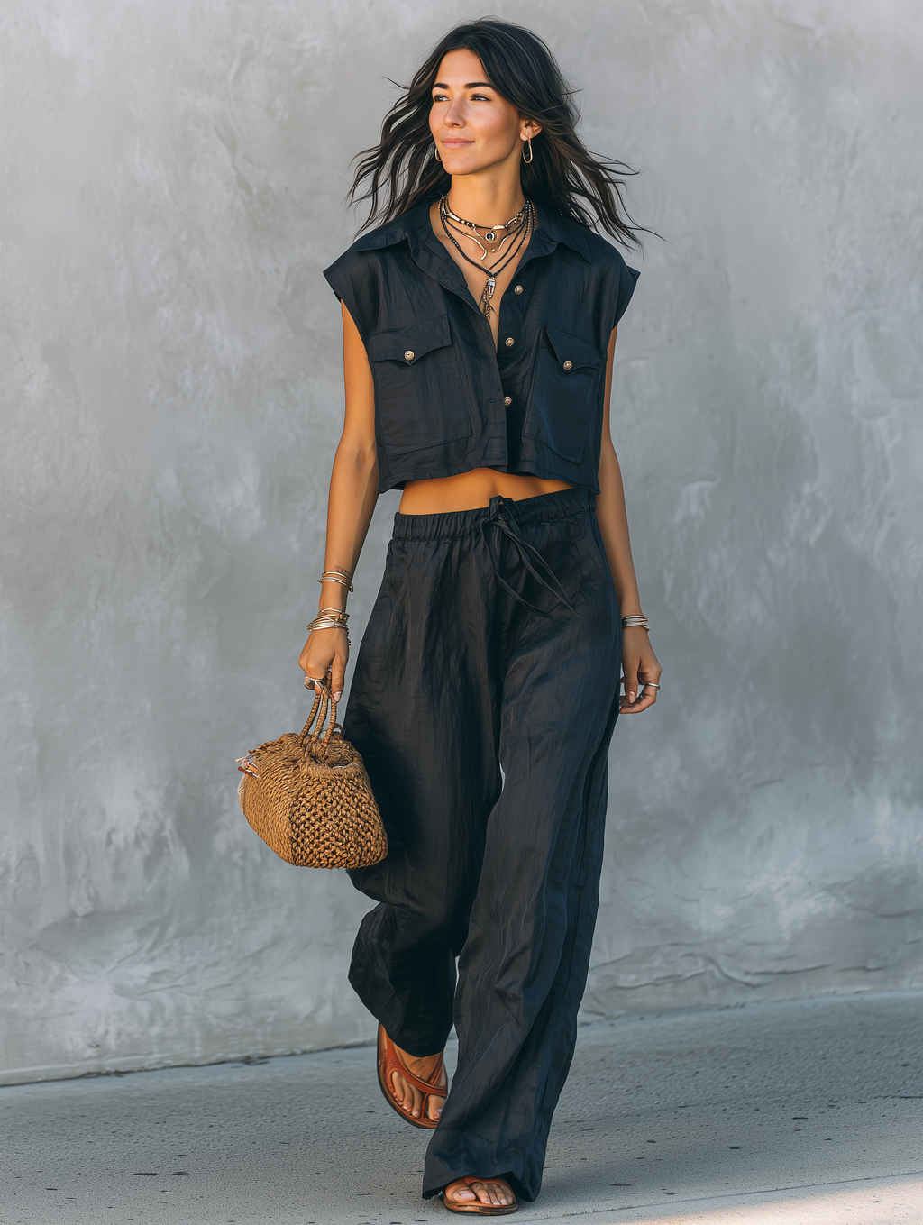 Linen Sleeveless Shirt & Straight-Leg Pants Set