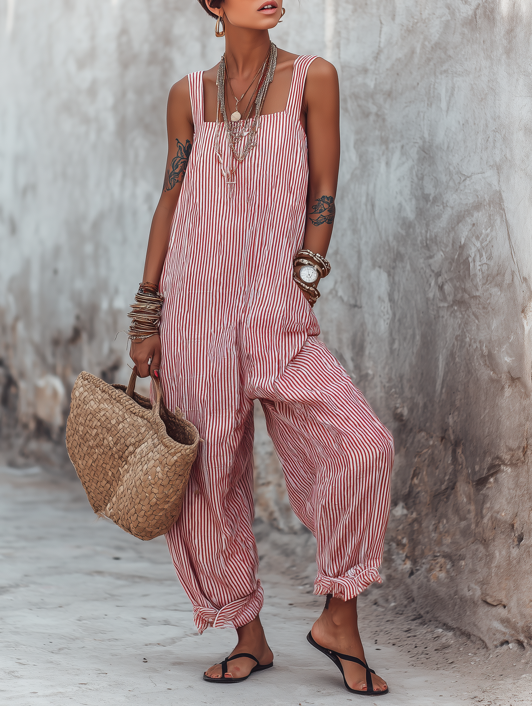 Striped Square-Neck Sleeveless Wide-Leg Jumpsuit