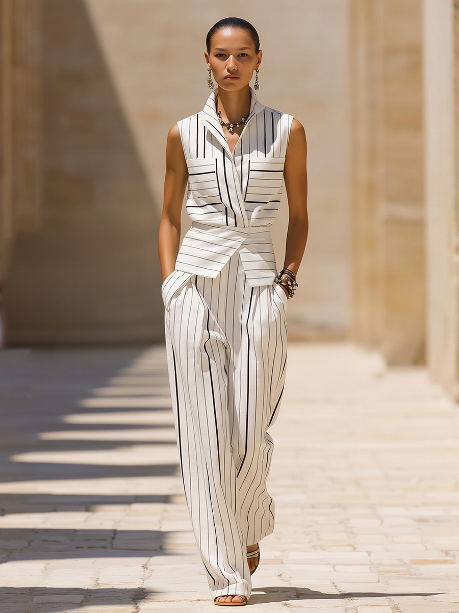 White Striped Sleeveless Wrap Top & Wide-Leg Set