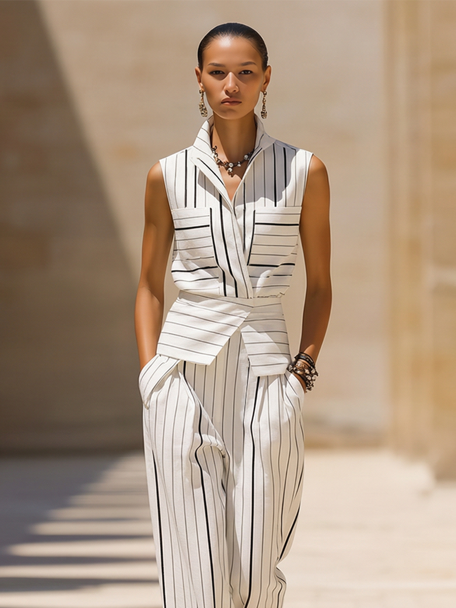 White Striped Sleeveless Wrap Top & Wide-Leg Set