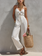 White Cotton Linen Spaghetti Strap Lined Jumpsuit