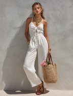 White Cotton Linen Spaghetti Strap Lined Jumpsuit
