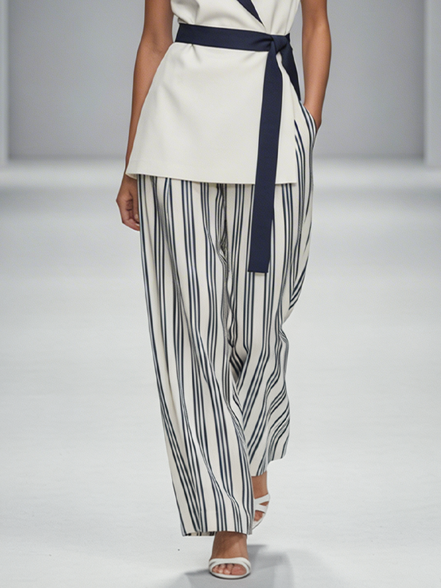 White & Navy Lapel Wrap Top & Striped Wide-Leg Set