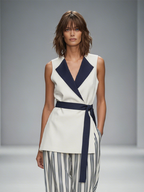 White & Navy Striped Crepe High-Waist Wide-Leg Pants