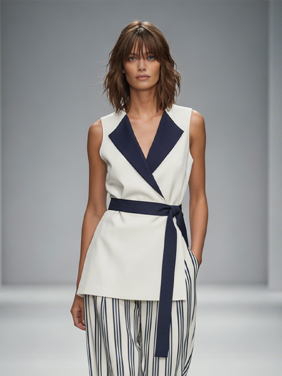 White & Navy Striped Crepe High-Waist Wide-Leg Pants