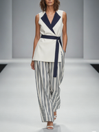 White & Navy Contrast Lapel Belted Crepe Vest