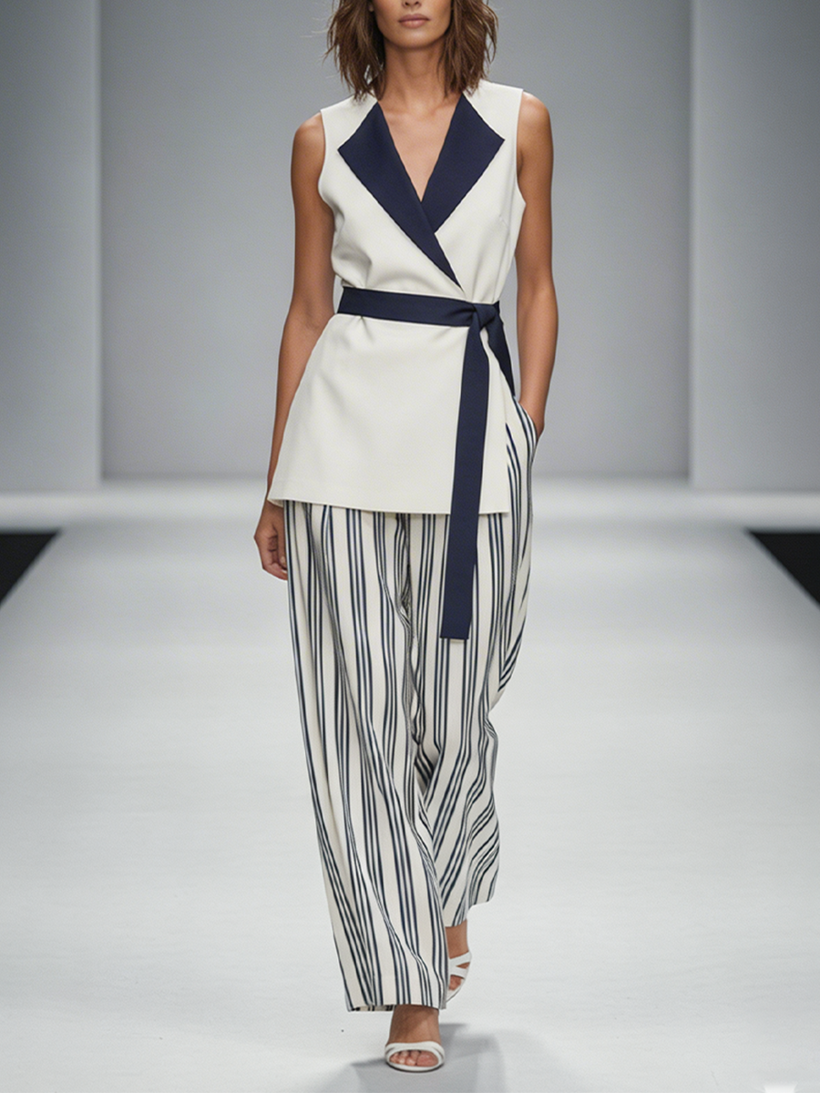 White & Navy Striped Crepe High-Waist Wide-Leg Pants