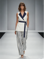 White & Navy Contrast Lapel Belted Crepe Vest
