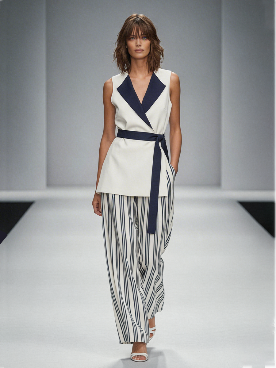 White & Navy Striped Crepe High-Waist Wide-Leg Pants