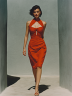 Women’s Retro Red Linen-Blend Halter Neck Keyhole Ruched Waist Bodycon Midi Dress MDZ1028D6T