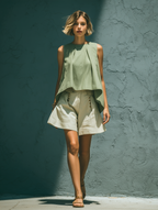Women’s Sage Green Sleeveless Asymmetrical Hem Crop Top & Beige High-Waisted Button Detail Wide-Leg Shorts Two-Piece Set MDZ1059D6T